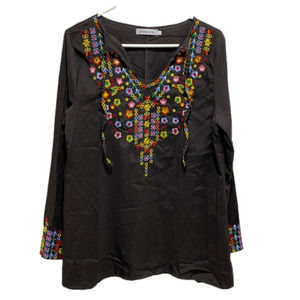 MISSLOOK Black Boho Embroidered Long Sleeve Blouse